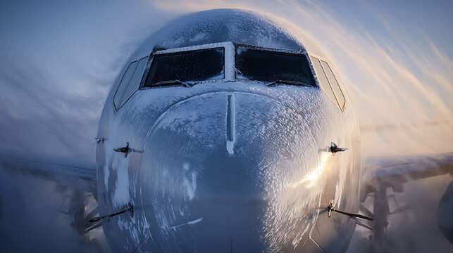 The nose of a plane glistens with frost on a cold day at the airport, ready for takeoff. Winter weather challenges, but aviation perseveres to connect us all.