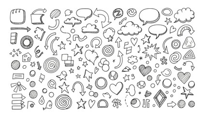 Collection of Hand Drawn Doodle Elements, Arrows, Clouds, and Stars on White Background