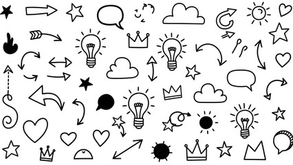Collection of Hand Drawn Doodle Elements and Icons, Arrows, Stars, Clouds, and Lights