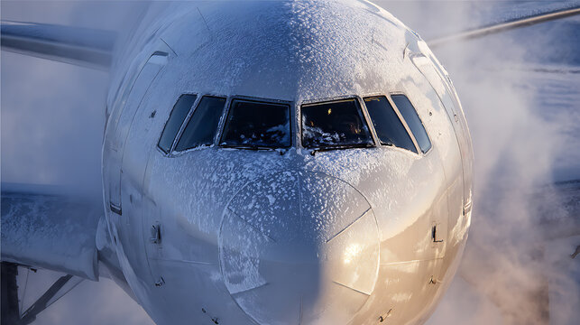 A commercial plane front view covered in snow, ready to be checked before the flight. The cockpit windows are partially covered, indicating a cold environment.