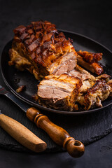 Delicious and juicy prepared pork belly with  crispy skin
