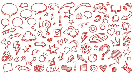Collection of Red Hand-Drawn Doodle Icons and Symbols on White Background