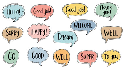 Fototapeta premium Set of Colorful Speech Bubbles with Positive Phrases and Greetings on White Background