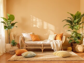 Warm cozy living room blank wall mockup, empty feature wall ready for artwork, Scandinavian hygge interior with natural wood tones and soft lighting, perfect for wall art presentation and home decor