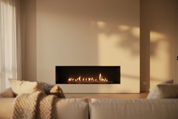 Warm cozy living room blank wall mockup, empty feature wall ready for artwork, Scandinavian hygge interior with natural wood tones and soft lighting, perfect for wall art presentation and home decor