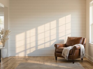 Warm cozy living room blank wall mockup, empty feature wall ready for artwork, Scandinavian hygge interior with natural wood tones and soft lighting, perfect for wall art presentation and home decor