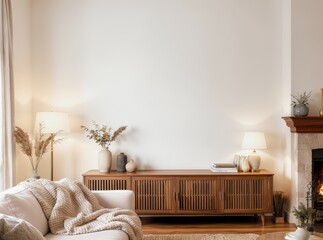 Warm cozy living room blank wall mockup, empty feature wall ready for artwork, Scandinavian hygge interior with natural wood tones and soft lighting, perfect for wall art presentation and home decor