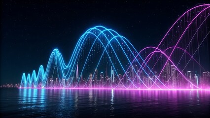 Abstract digital sound wave or data visualization forming an arching bridge structure over a futuristic city skyline reflected in water at night, glowing blue and pink neon lights, dark background