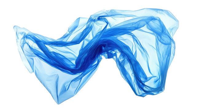 Blue crumpled plastic grocery shopping bag appearing airborne with wrinkled lightweight form and floating motion isolated on white background