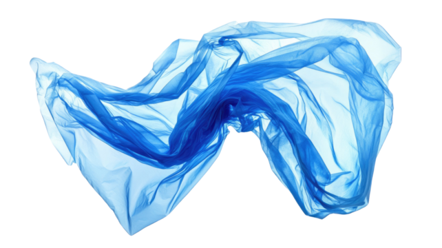 Blue crumpled plastic grocery shopping bag appearing airborne with wrinkled lightweight form and floating motion isolated on white background - Powered by Adobe