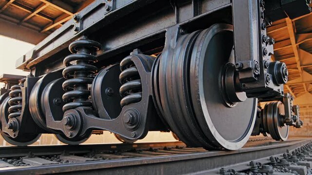closeup train wheel undercarriage industrial depot gritty low-angle shot of steel springs bolts and axle inside sunlit maintenance shed conveying strength motion mechanical detail