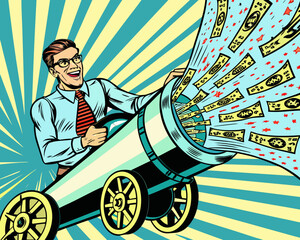 A joyful businessman shoots money from a cannon a pop art illustration