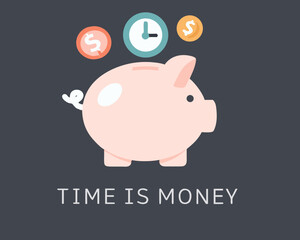 A pink piggy bank with coins and a clock above time is money