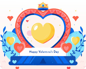 A vibrant valentine s day illustration with a crown hearts and balloons
