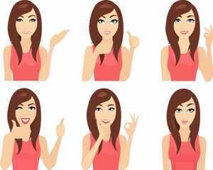 A collection of illustrated woman s portraits showing different hand gestures and expressions