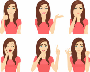 Diverse expressions of a young woman illustrated in a vector style