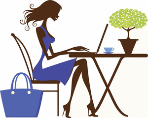 Silhouette of a woman working on a laptop at an outdoor cafe