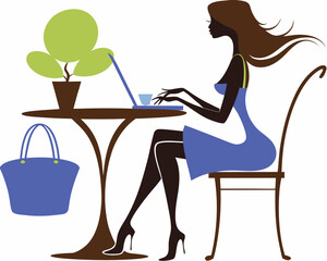 Silhouette of a woman working on a laptop at a cafe table