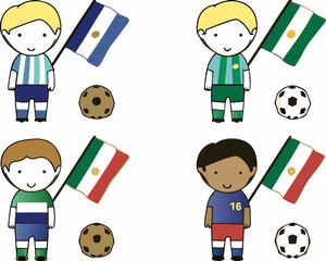Cartoon soccer fans representing argentina and italy with flags and balls