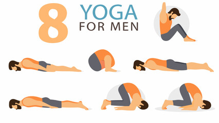 Yoga poses for men illustrated with silhouettes and orange accents