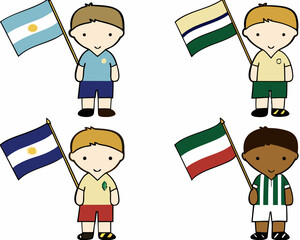Cartoon children waving the flags of argentina latvia and italy