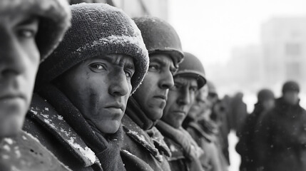 A monochrome image captures a line of soldiers, their faces etched with determination. Winter's touch visible in the snow-dusted gear, adding to the somber atmosphere.