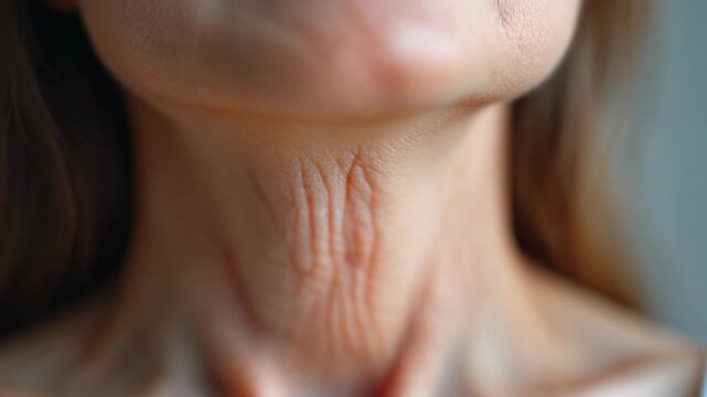 Close up view reveals deep horizontal wrinkles and loose skin texture on an aging woman's neck area highlighting signs of mature skin concerns