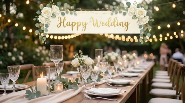 An enchanting outdoor evening reception unfolds, featuring a meticulously decorated long wooden table adorned with a delicate white runner. Elegant place settings boast pristine white plates and spark