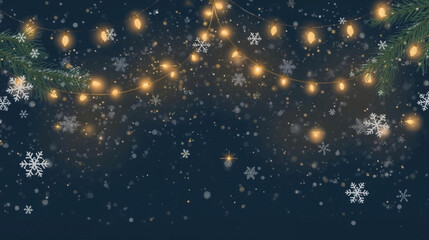 A festive winter background with falling snowflakes and warm glowing string lights, perfect for holiday celebrations.