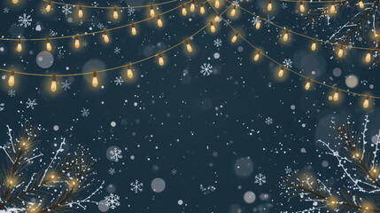 Festive winter background with glowing string lights, falling snowflakes, and frosted tree branches creating a magical holiday atmosphere.