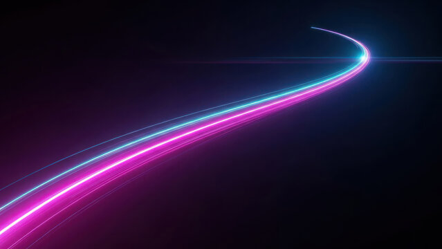 Dynamic neon light trails curving across a dark space, representing fast data transfer and futuristic technology. - Powered by Adobe