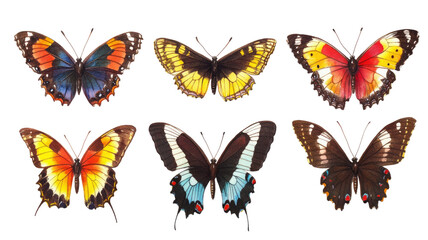 Set of tropical butterflies vibrant colorful winged insects with detailed patterns and delicate symmetry isolated on white background