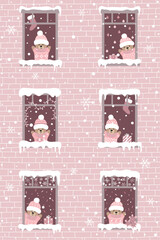 Christmas Building with Cute Teddy Bears in Windows. Winter Holidays Poster. Greeting Card Template. Teddy Bears in Pink Sweaters, Hats. Christmas Decorations, Gifts, Ornaments. Vector in Pink, White