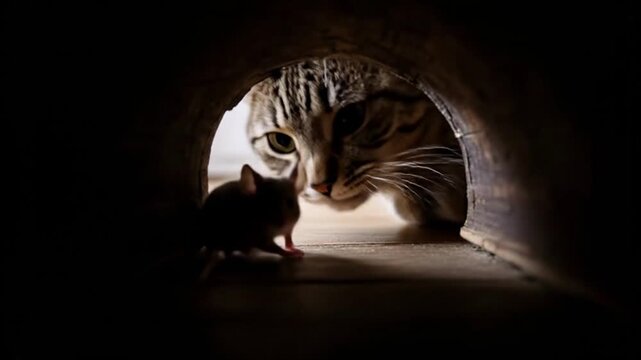 Tabby cat focused on mouse in a dark hole illustrating predator prey dynamics for wildlife blogs, animal survival challenges, natural instinct hunting, and educational content