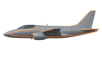 Gray jet aircraft side view with orange trim isolated on transparent background