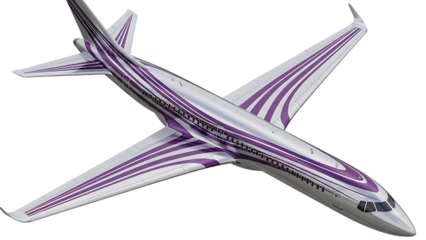 Modern business jet aircraft with striking purple stripe livery, isolated on transparent background