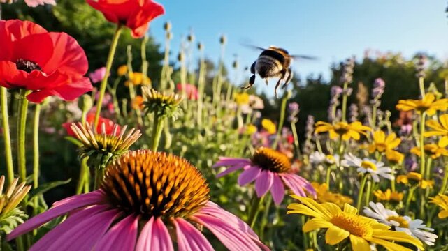 Bumblebee flying towards Echinacea purpurea flower in a sunny wildflower meadow for pollinator conservation articles, biodiversity themes, insect ecology study, and garden design inspiration