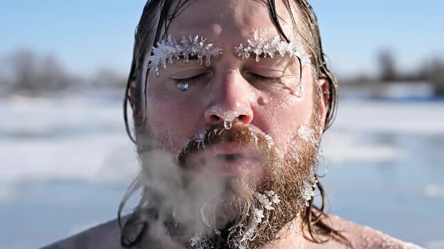 Man with frosty eyebrows and icy beard breathing cold air after winter dipping on a frozen lake for cold water therapy blogs, Wim Hof method websites, and extreme cold endurance