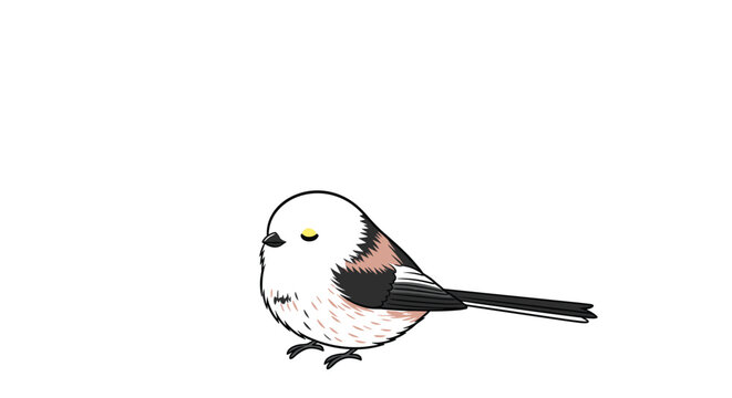 Cute and simple animated pixel art illustration of a long-tailed tit (shima enaga) bird turning its head and blinking, isolated on a clean white background, showcasing its fluffy appearance.
