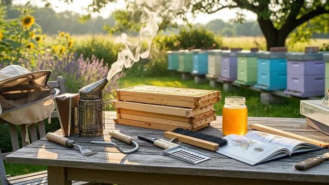 Beekeeping Equipment and Honey on Wooden Table with Outdoor Apiary Background for Sustainable Farming Blogs, Natural Honey Production Websites, Education, and Rural Lifestyle Content