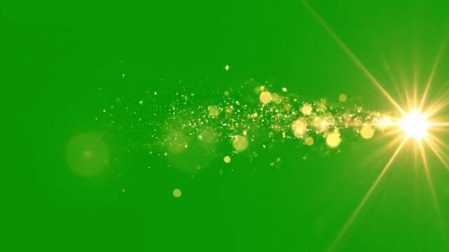 Golden Light Streak with Glitter Particles Moving Across Screen isolated on Green Screen Chroma Key Background for Transitions