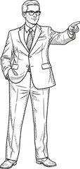 Confident businessman in a suit and glasses pointing handdrawn black and white line art illustration.