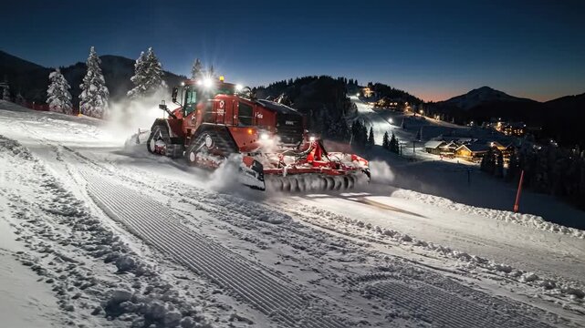 Red Snow Groomer (Pistenbully) Prepping Ski Runs and Shaping Tracks on a Night Ski Resort for Winter Sports Facility Blogs, Alpine Maintenance, and Slope Grooming Equipment Awareness