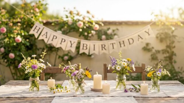 An inviting outdoor table is beautifully adorned for a special celebration in the warm glow of the golden hour. A "Happy Birthday" banner hangs gently in the background, set against a soft focus of bl
