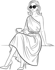 Elegant woman in a oneshoulder dress and sunglasses holding a coffee cup line art illustration.