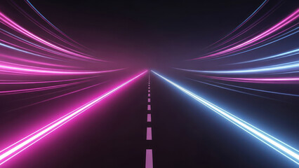 Abstract neon light speedway with vibrant glowing pink and blue trails, future digital highway