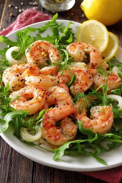 Close-up of a plate of beautifully arranged prawns with a vibrant lemon and herb dressing.