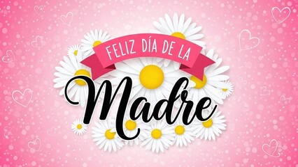 A vibrant pink background with white daisies and hearts, featuring a pink ribbon and elegant text "Feliz Día de la Madre" for Mother's Day celebration.