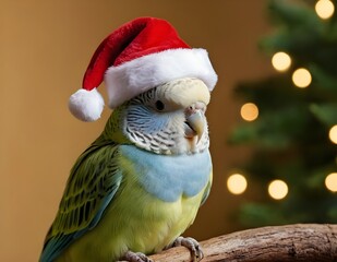Fototapeta premium a budgerigar wearing a santa hat
