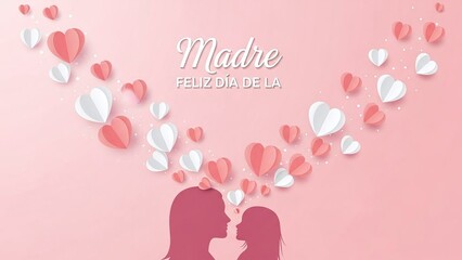 A beautiful pink background with floating paper hearts and silhouettes of a mother and child, celebrating Mother's Day.